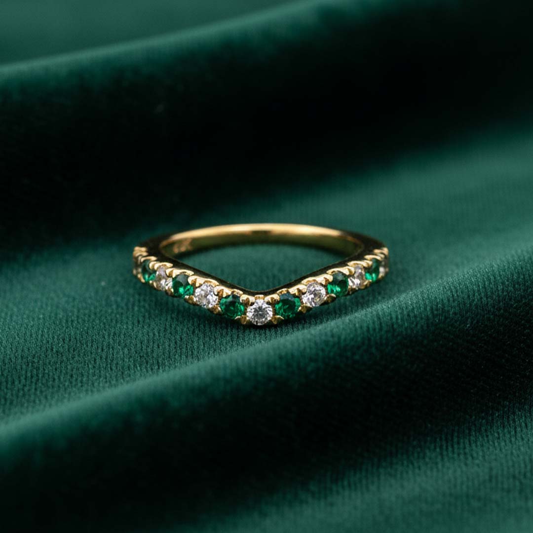 14KT Yellow Gold Emerald & Diamond Curve Band Ring EM/DIA-0.50 CT