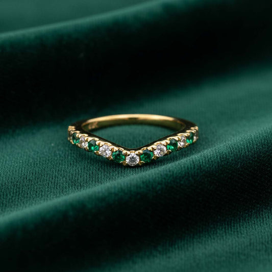 14KT Yellow Gold Emerald & Diamond Curve Band Ring EM/DIA-0.50 CT
