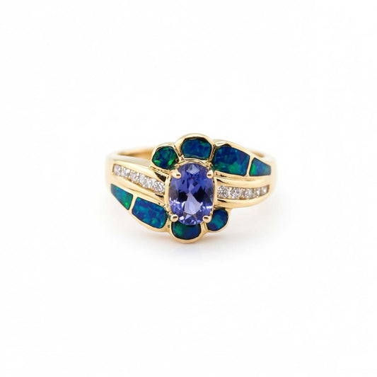 Tanzanite, Diamond & Opal Inlay Ring | 0.78 ct Oval Tanzanite, 0.41 ct Diamonds in 14K Yellow Gold