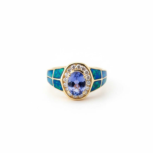 14KT Yellow Gold 1.01 CT Tanzanite and 0.24 CT Diamond Ring with Opal Inlay