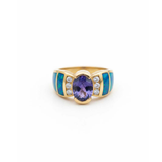 Tanzanite, Diamond & Opal Inlay Ring | 1.80 ct Oval Tanzanite, 0.24 ct Diamonds in 14K Yellow Gold