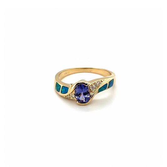 Tanzanite, Diamond & Opal Inlay Ring | 1.01 ct Tanzanite, 0.26 ct Diamonds in 14K Yellow Gold