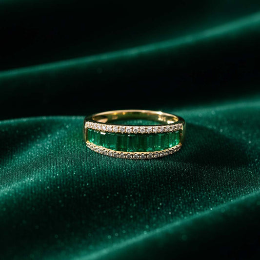 14KT Yellow Gold Emerald Cut Emerald (1.04 cts) and Diamond (0.22 cts) Band Ring