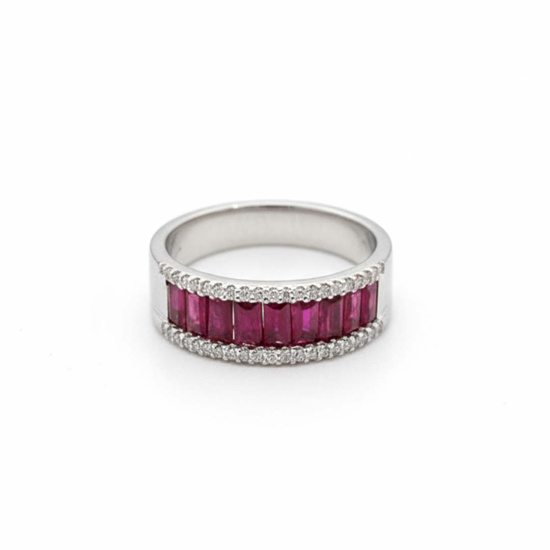 14KT White Gold Ruby & Diamond Band Ring (RB: 1.30 CTS | DIA: 0.15 CTS)