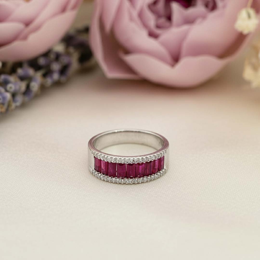14KT White Gold Ruby & Diamond Band Ring (RB: 1.30 CTS | DIA: 0.15 CTS)