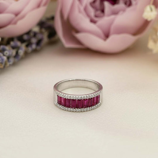 14KT White Gold Ruby & Diamond Band Ring (RB: 1.30 CTS | DIA: 0.15 CTS)