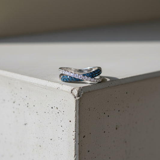 14K White Gold Blue & White Diamond Crossover Ring – 1.00 Total Carats of Modern Elegance