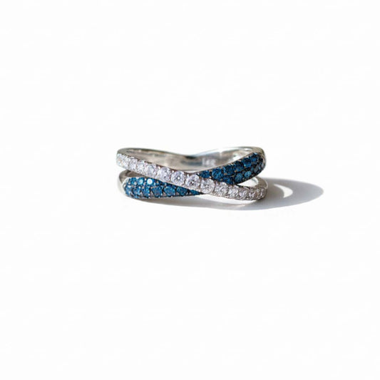 14K White Gold Blue & White Diamond Crossover Ring – 1.00 Total Carats of Modern Elegance