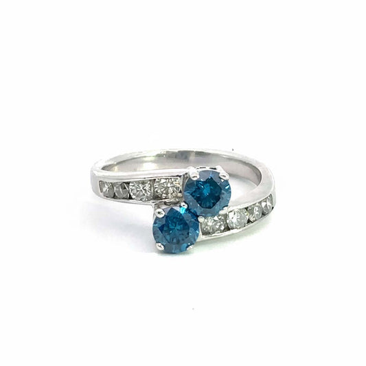 14K White Gold Blue & White Diamond Bypass Ring – 1.20 Total Carats of Grace and Harmony