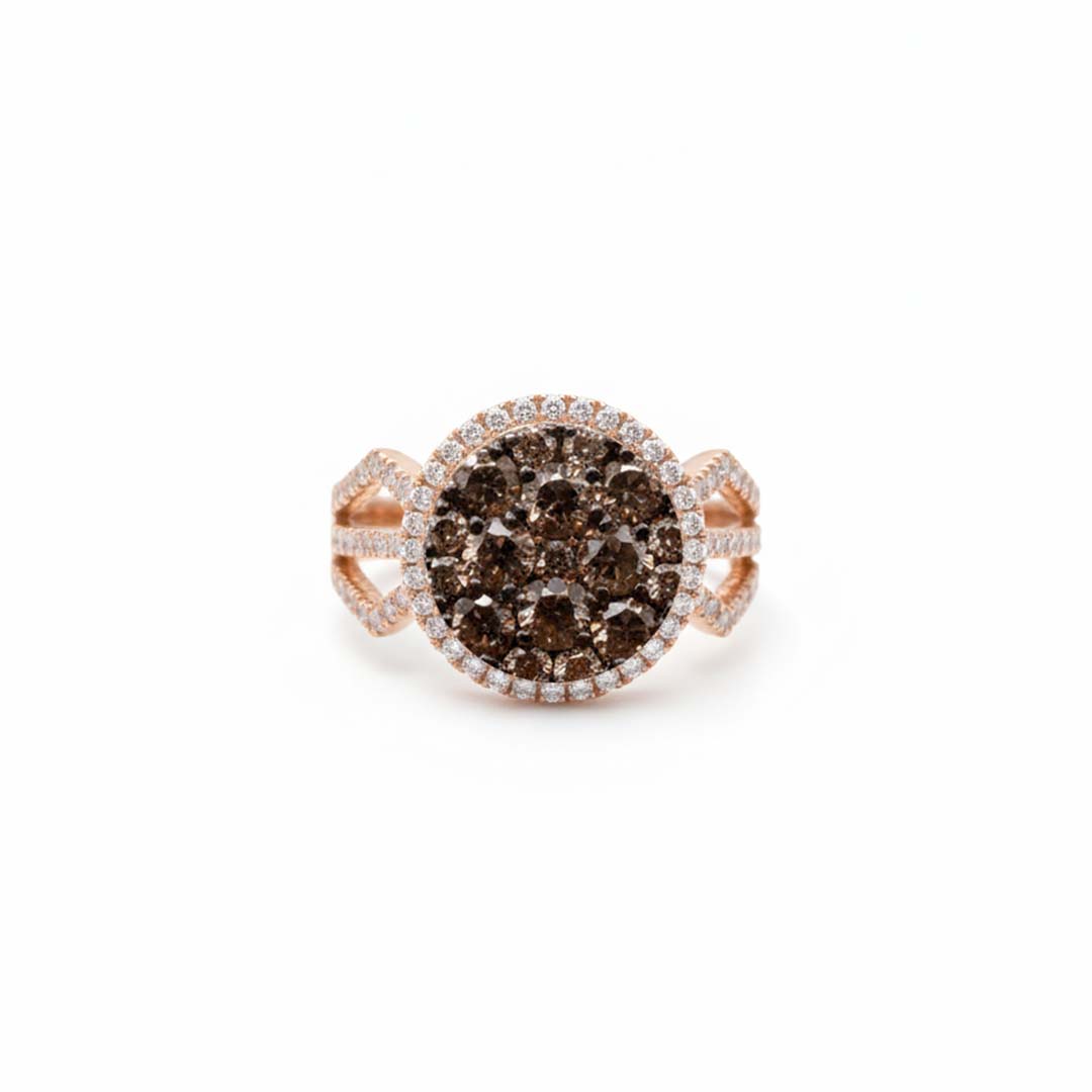 14KT Rose Gold Round Cluster Ring with 2.00ct Cognac & White Diamonds