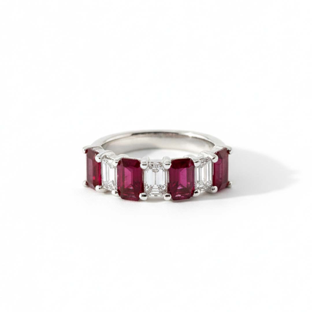 18KT White Gold Ruby and Diamond Band Ring | Emerald-Cut Ruby Anniversary Ring (RB: 2.44 CTS | DIA: 0.94 CTS)