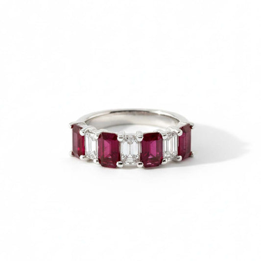 18KT White Gold Ruby and Diamond Band Ring | Emerald-Cut Ruby Anniversary Ring (RB: 2.44 CTS | DIA: 0.94 CTS)