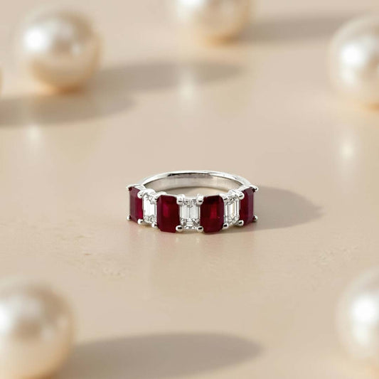 18KT White Gold Ruby and Diamond Band Ring | Emerald-Cut Ruby Anniversary Ring (RB: 2.44 CTS | DIA: 0.94 CTS)