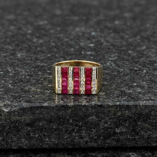 14KT Yellow Gold Men’s Ring Featuring 1.71ct Rubies Accented by 0.36ct Sparkling Diamonds