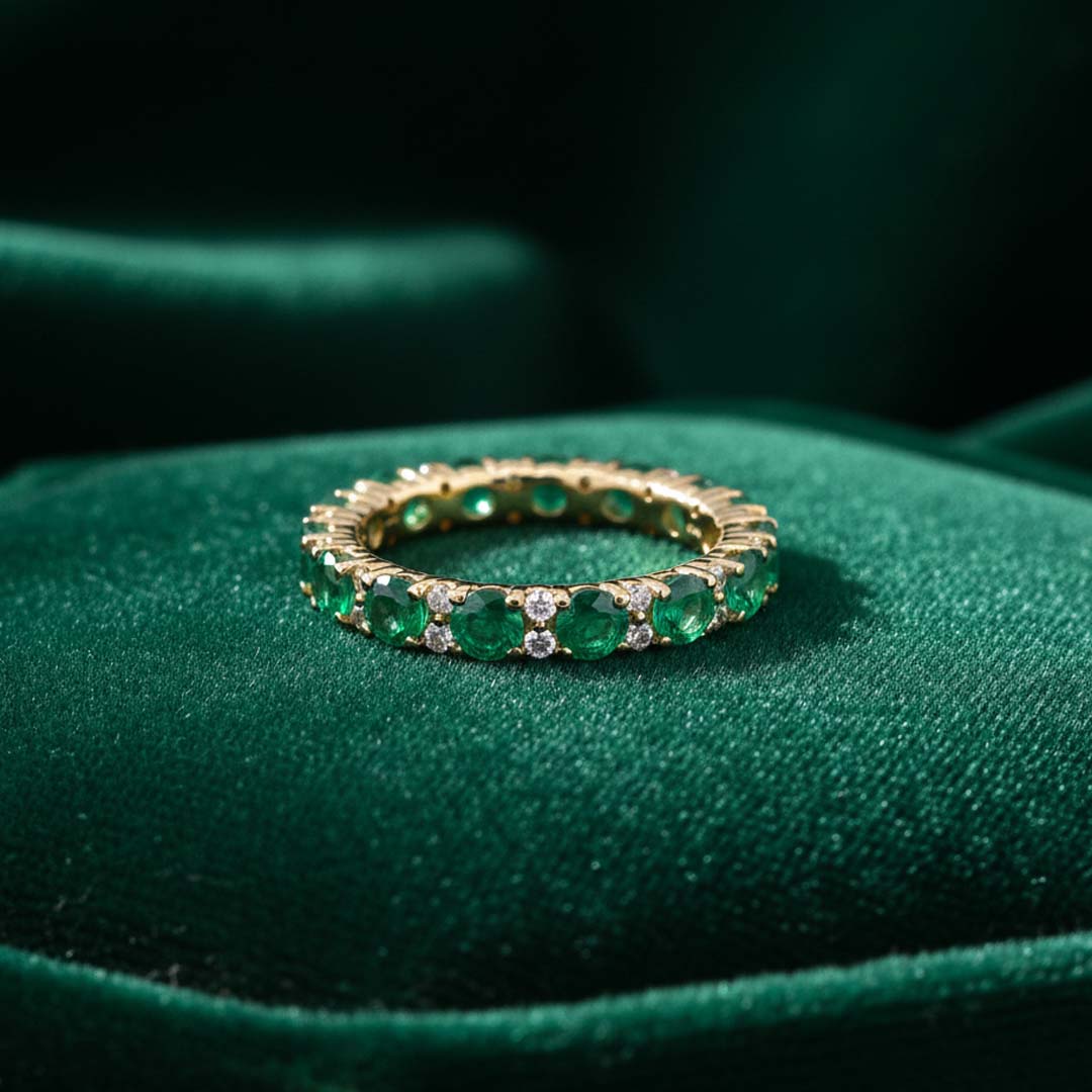 14KT Yellow Gold Emerald (2.87 cts) and Diamond Eternity Band Ring