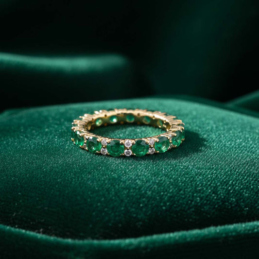 14KT Yellow Gold Emerald (2.87 cts) and Diamond Eternity Band Ring