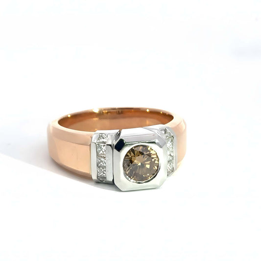 18KT Men's Rose & White Gold Ring Showcasing 1.00ct Chocolate Diamond and 0.42ct White Diamonds