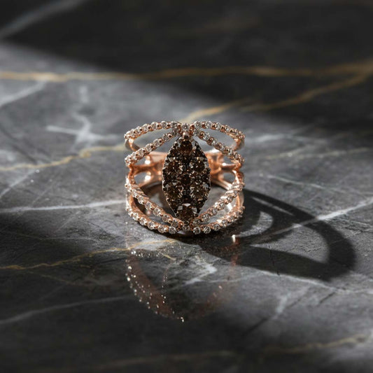 14KT Rose Gold Marquise Cluster Ring with 1.75ct Cognac & White Diamonds