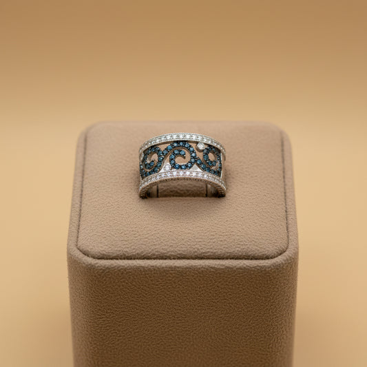 Elegant 14K White Gold Ring with 1.07 CT Blue & White Diamonds – Filigree Design