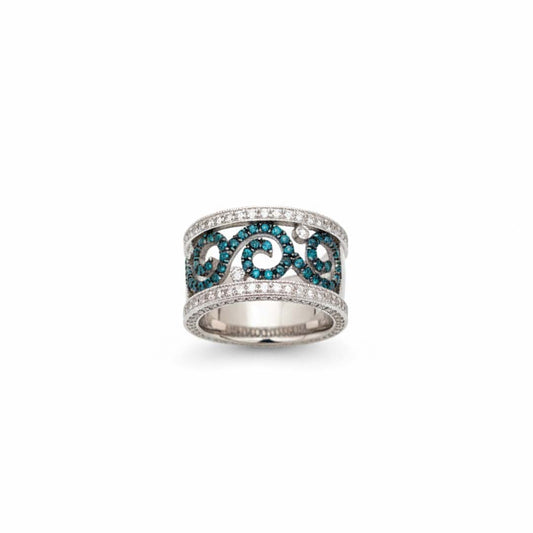 Elegant 14K White Gold Ring with 1.07 CT Blue & White Diamonds – Filigree Design