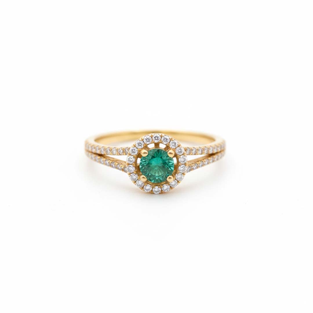 14KT Yellow Gold Round Emerald & Diamond Halo Ring (0.36 ct Emerald / 0.34 ctw Diamonds)