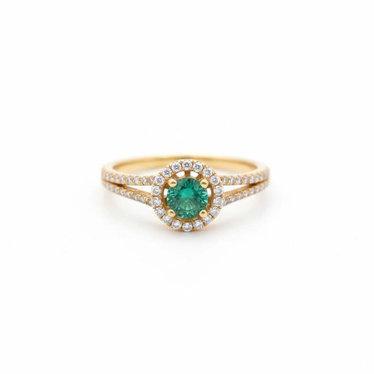 14KT Yellow Gold Round Emerald & Diamond Halo Ring (0.36 ct Emerald / 0.34 ctw Diamonds)