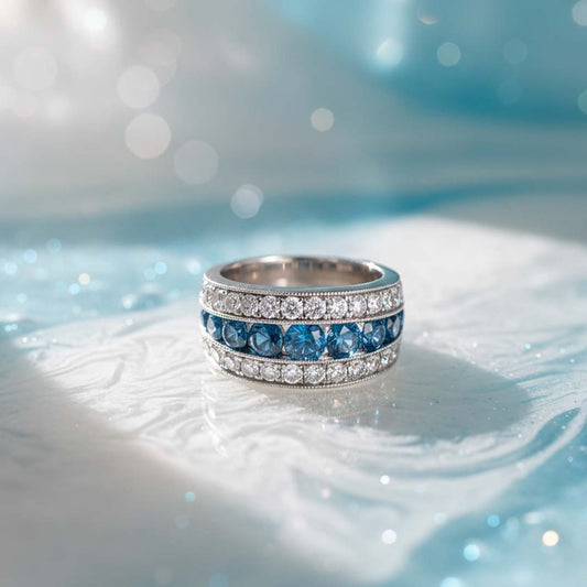 18K White Gold Blue & White Diamond Triple Row Ring – 4.34 Total Carats of Timeless Elegance