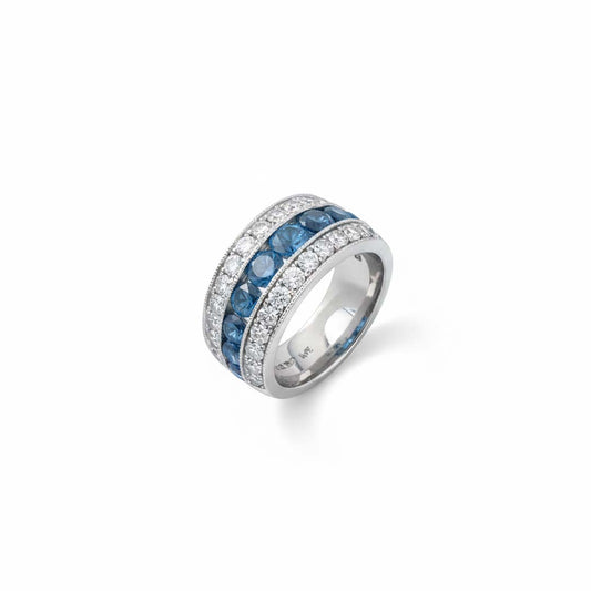 18K White Gold Blue & White Diamond Triple Row Ring – 4.34 Total Carats of Timeless Elegance