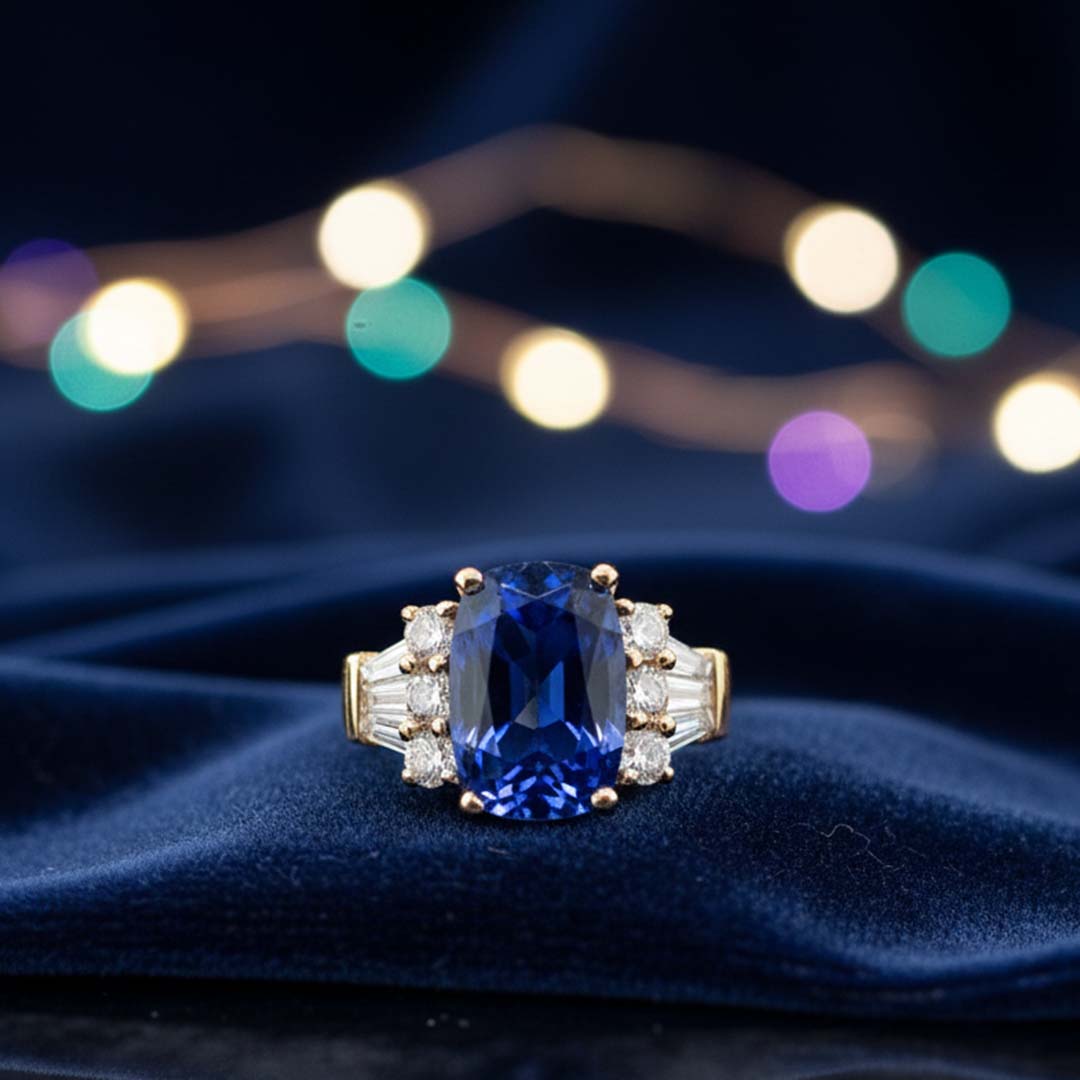 14KT Yellow Gold Radiant Cut Tanzanite & Diamond Ring – 5.75CT Tanzanite with 1.35CT Side Diamonds