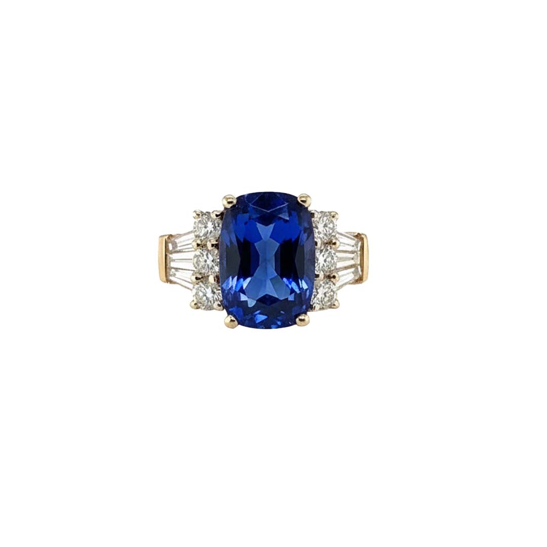 14KT Yellow Gold Radiant Cut Tanzanite & Diamond Ring – 5.75CT Tanzanite with 1.35CT Side Diamonds