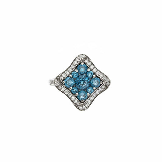 14K White Gold Blue & White Diamond Square Cluster Ring – 1.93 Total Carats of Timeless Elegance”