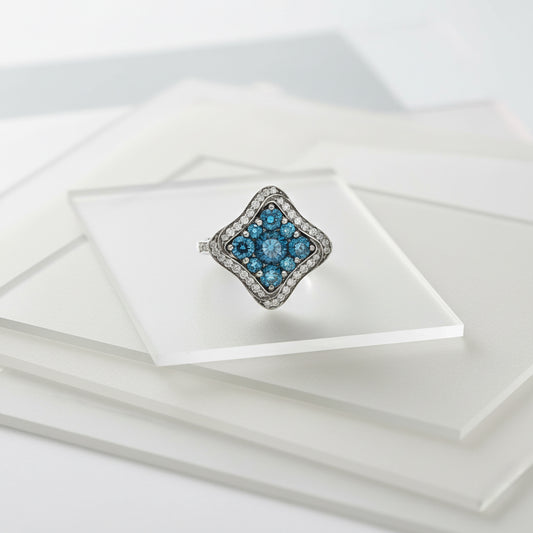 14K White Gold Blue & White Diamond Square Cluster Ring – 1.93 Total Carats of Timeless Elegance”