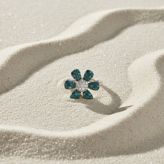 14K White Gold Floral Diamond Ring – 0.75 CT Blue, 0.25 CT White Diamonds