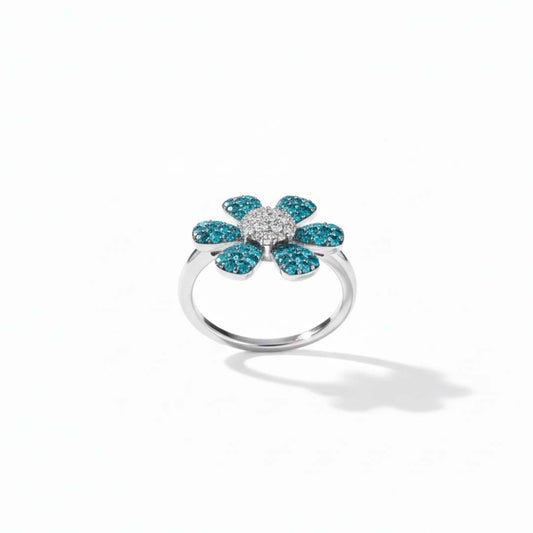 14K White Gold Floral Diamond Ring – 0.75 CT Blue, 0.25 CT White Diamonds