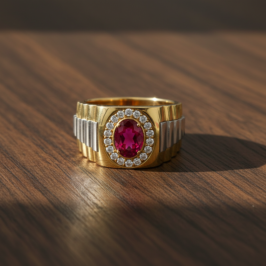 14KT Yellow Gold Ring with 1.19ct Oval Ruby & 0.28ct Diamond Halo.