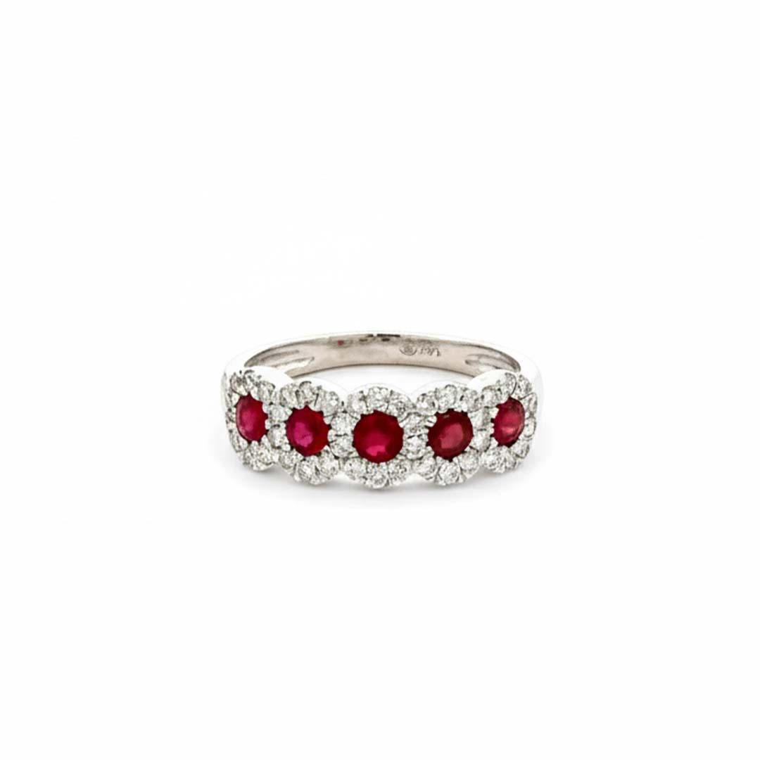 14KT White Gold Ruby & Diamond Halo Band Ring (RB: 0.70 CTS | DIA: 0.47 CTS)