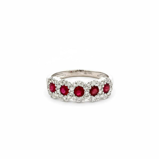 14KT White Gold Ruby & Diamond Halo Band Ring (RB: 0.70 CTS | DIA: 0.47 CTS)