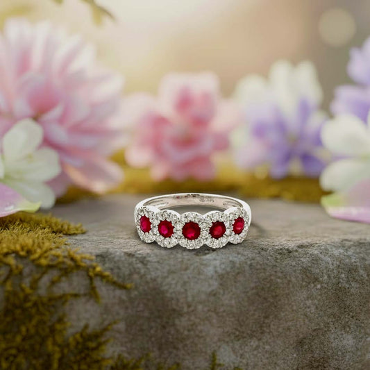 14KT White Gold Ruby & Diamond Halo Band Ring (RB: 0.70 CTS | DIA: 0.47 CTS)