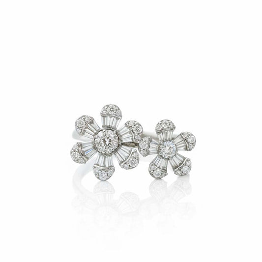 14K White Gold Dual-Flower Diamond Ring – 0.92 Total Carats of Graceful Sophistication