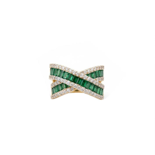 14KT Yellow Gold Emerald Cut Emerald (1.90 cts) and Diamond (0.90 cts) Crossover Band Ring