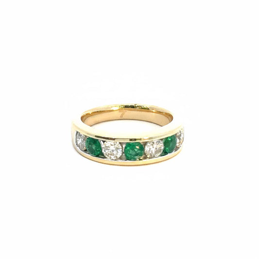 14KT Yellow Gold Channel Set Emerald (0.55 CT) and Diamond (0.85 CT) Band Ring
