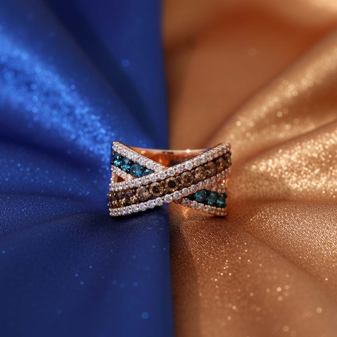 14KT Rose Gold Multi-Row Ring with 1.79ct Cognac, White & Blue Diamonds