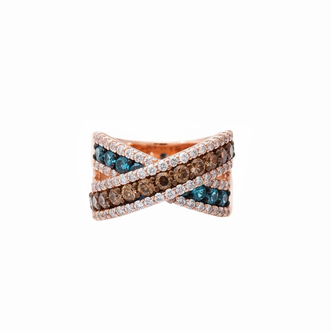 14KT Rose Gold Multi-Row Ring with 1.79ct Cognac, White & Blue Diamonds
