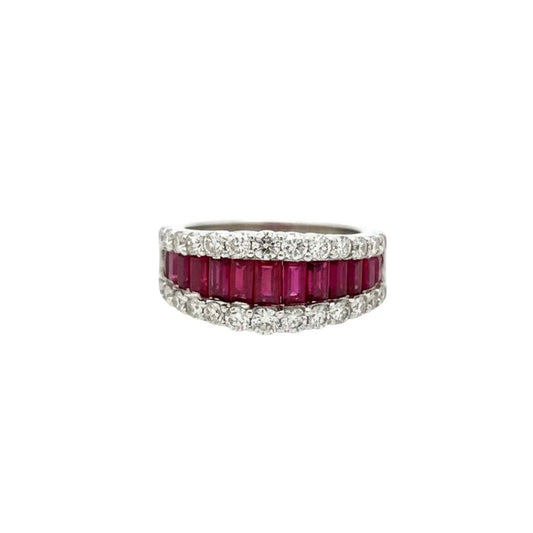 14KT White Gold Baguette Ruby and Round Diamond Statement Ring (RB/DIA 3.34 cts)