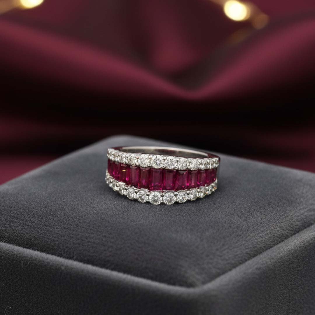 14KT White Gold Baguette Ruby and Round Diamond Statement Ring (RB/DIA 3.34 cts)