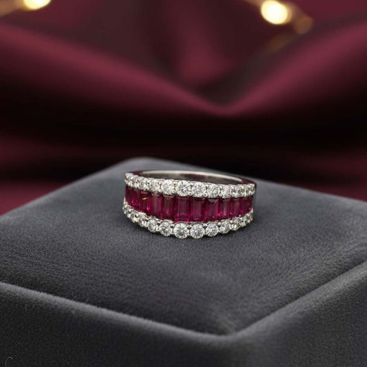 14KT White Gold Baguette Ruby and Round Diamond Statement Ring (RB/DIA 3.34 cts)