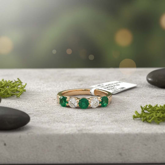 Handcrafted 14KT Yellow Gold Emerald and Diamond Alternating Band – Luxury Gemstone Ring