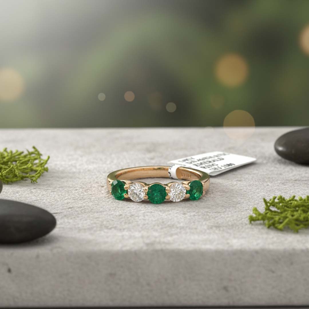 Handcrafted 14KT Yellow Gold Emerald and Diamond Alternating Band – Luxury Gemstone Ring