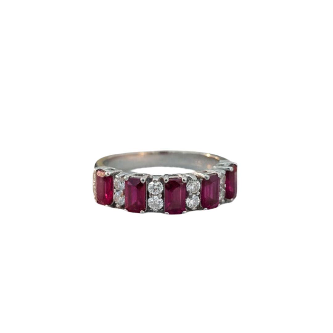 14KT White Gold Ruby and Diamond Band Ring | Emerald-Cut Ruby Half Eternity Band (RB: 1.25 CTS | DIA: 0.36 CTS)