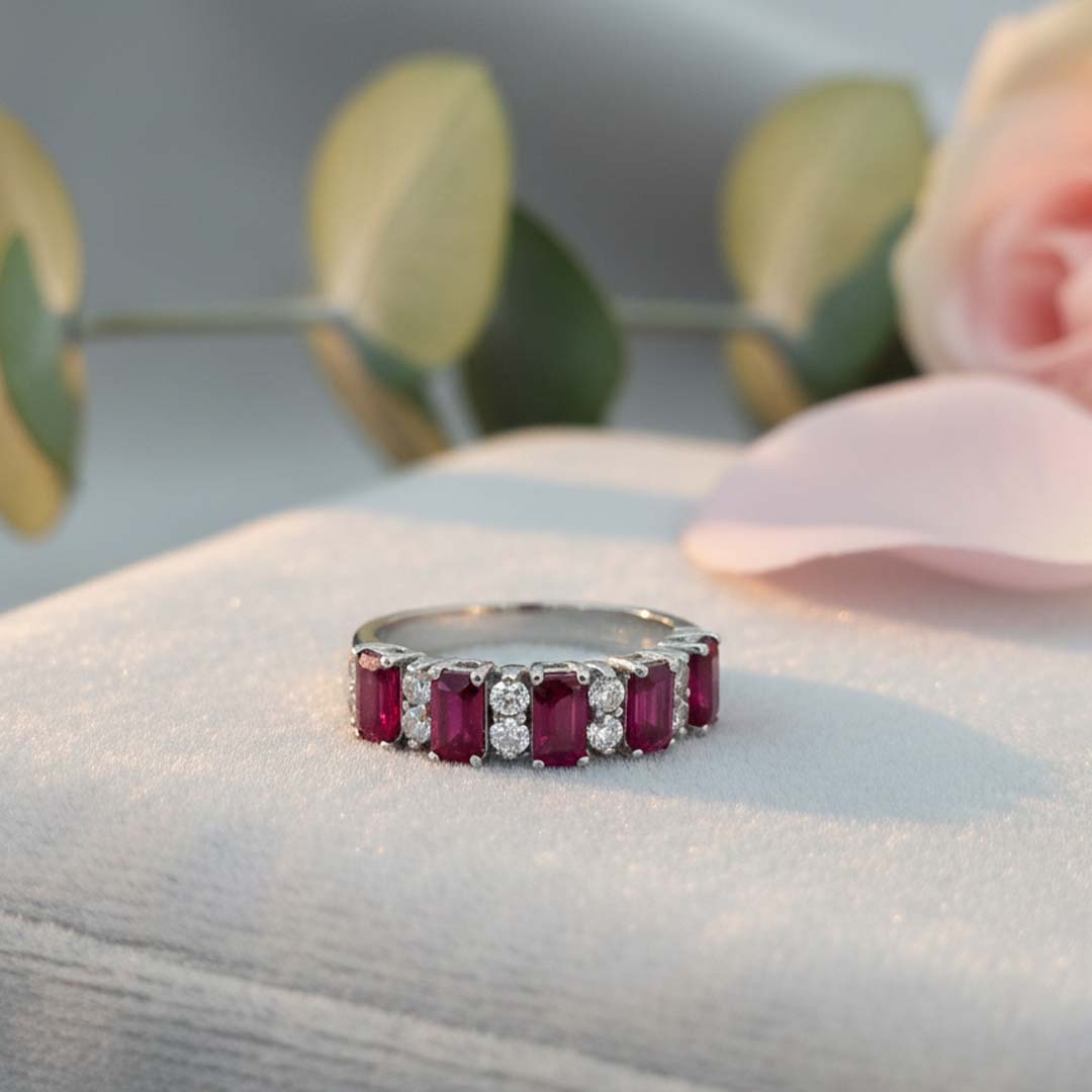 14KT White Gold Ruby and Diamond Band Ring | Emerald-Cut Ruby Half Eternity Band (RB: 1.25 CTS | DIA: 0.36 CTS)